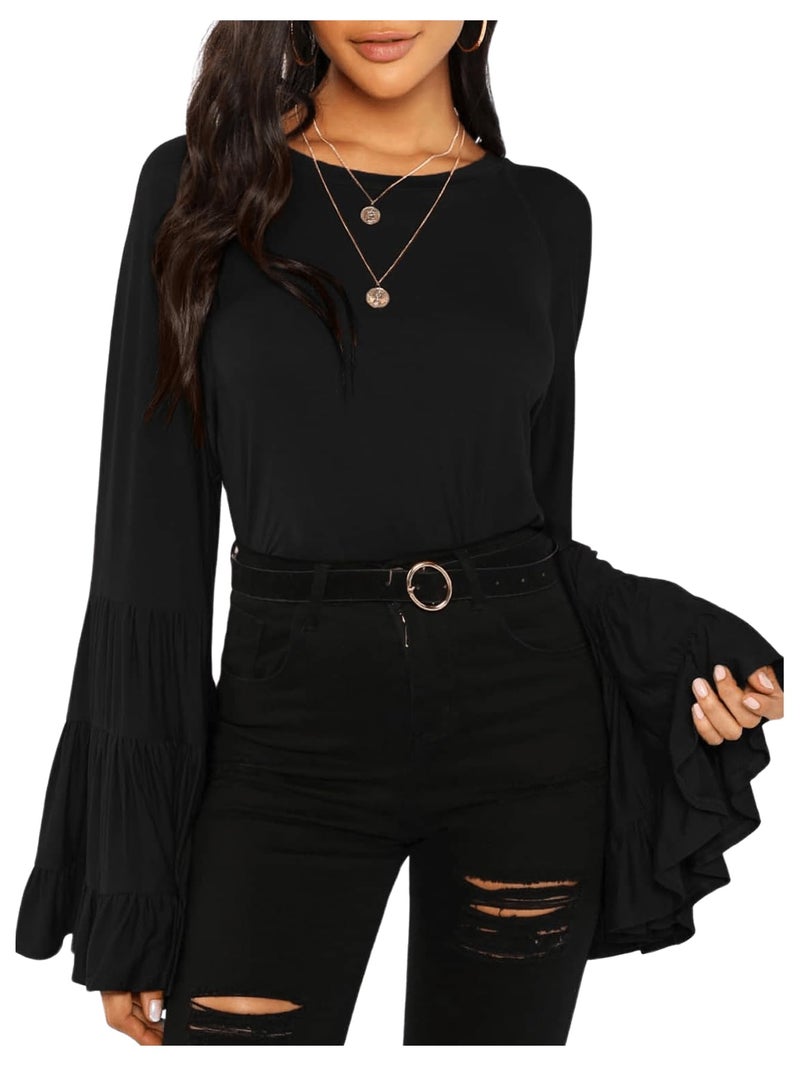 Floerns Women's 70s Western Flowy Bell Sleeve Blouse Tops Shirts Black - Image 1
